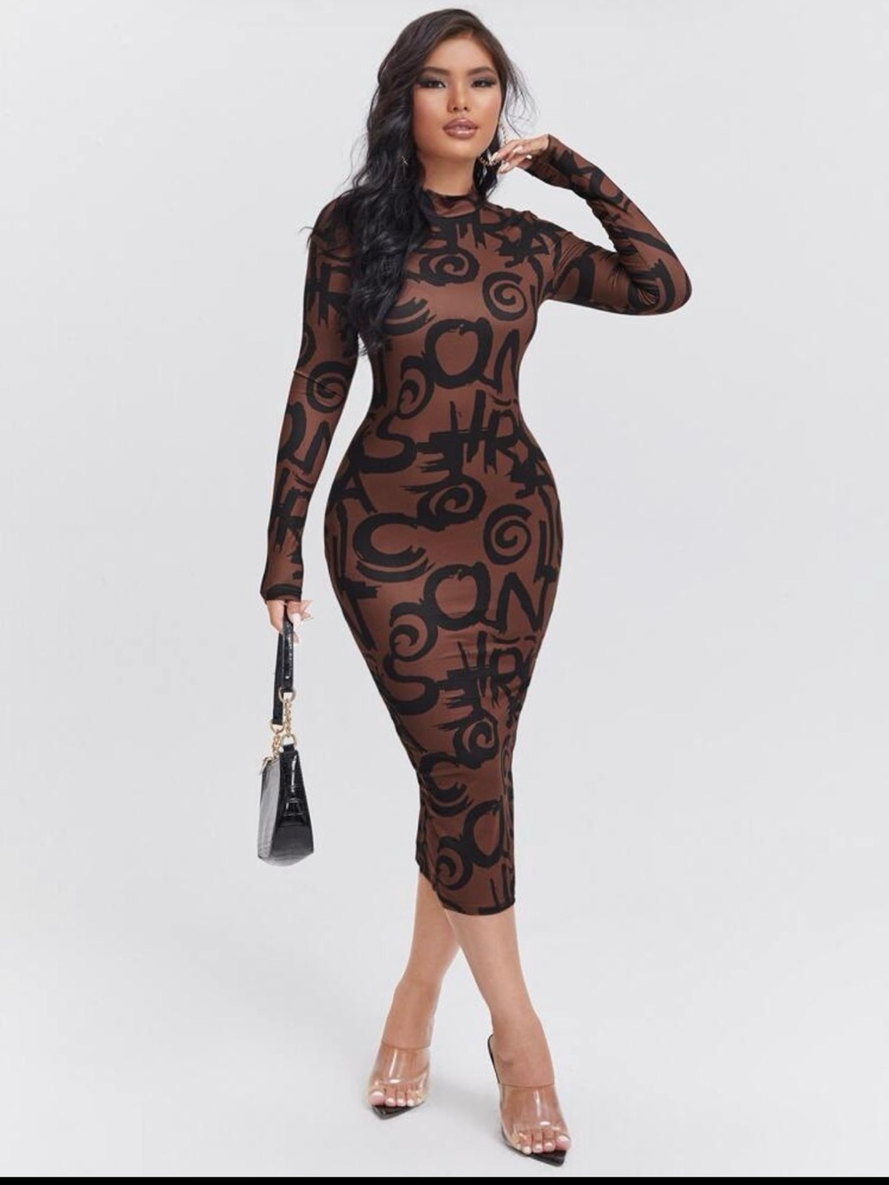 SHEIN Brown & Black Graphic Long Sleeve Bodycon Midi Dress